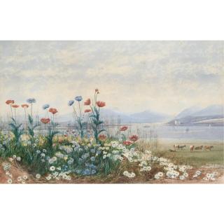 Andrew Nicholl, R.H.A. - A Bank Of Wild Flowers With Cattle Grazing, A Lough And Castle Beyond
