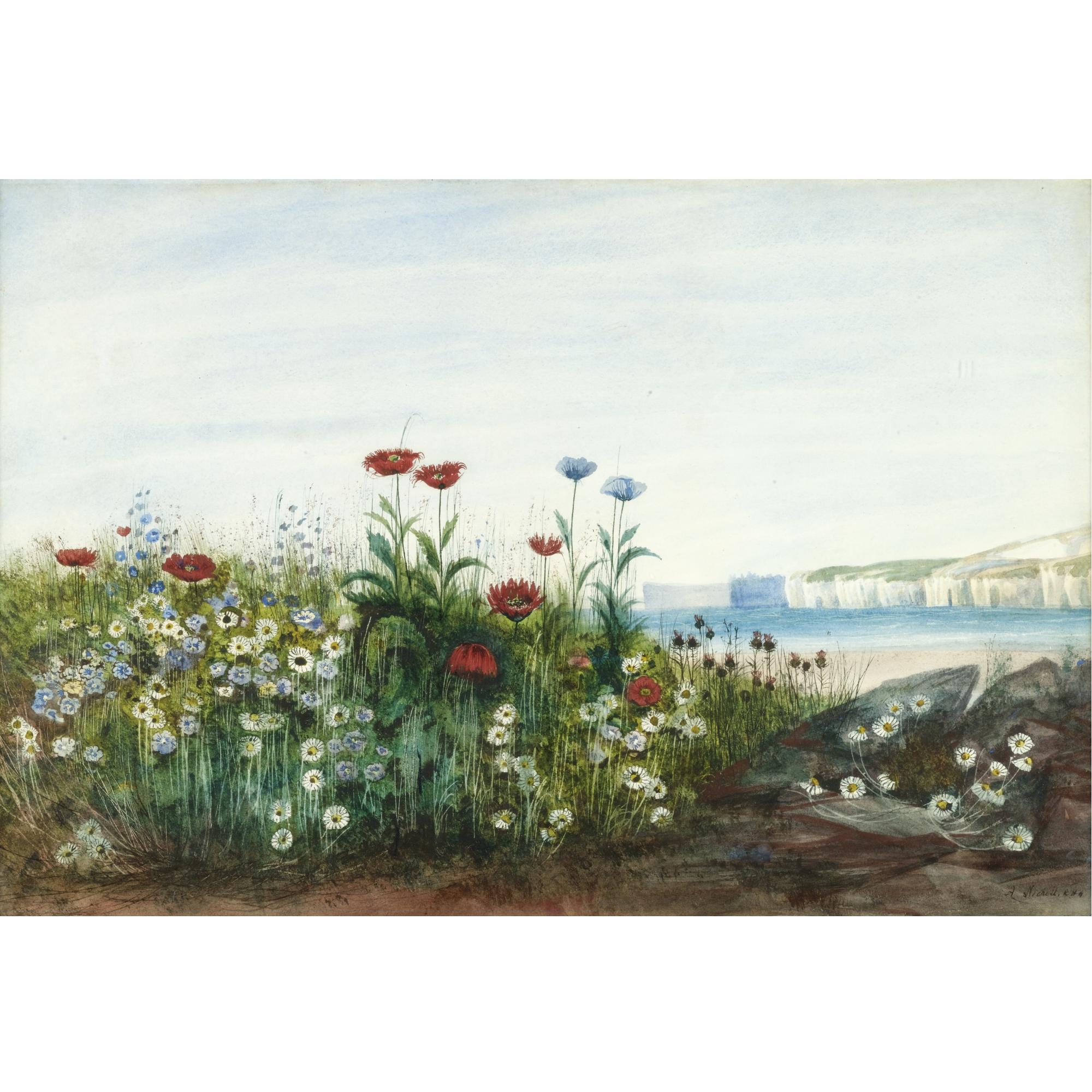 Andrew Nicholl, R.H.A. - A Bank Of Wild Flowers With The North Antrim Coast Beyond
