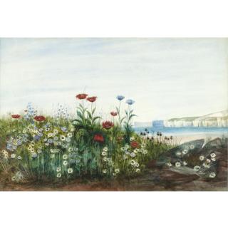 Andrew Nicholl, R.H.A. - A Bank Of Wild Flowers With The North Antrim Coast Beyond