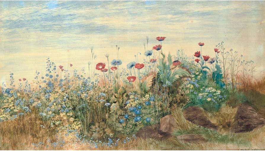 Andrew Nicholl, R.H.A. - A Flowerbank With Poppies, Harebells And Marigolds