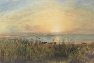Andrew Nicholl, R.H.A. - A Lake Landscape With Cattle Grazing And A Castle Beyond