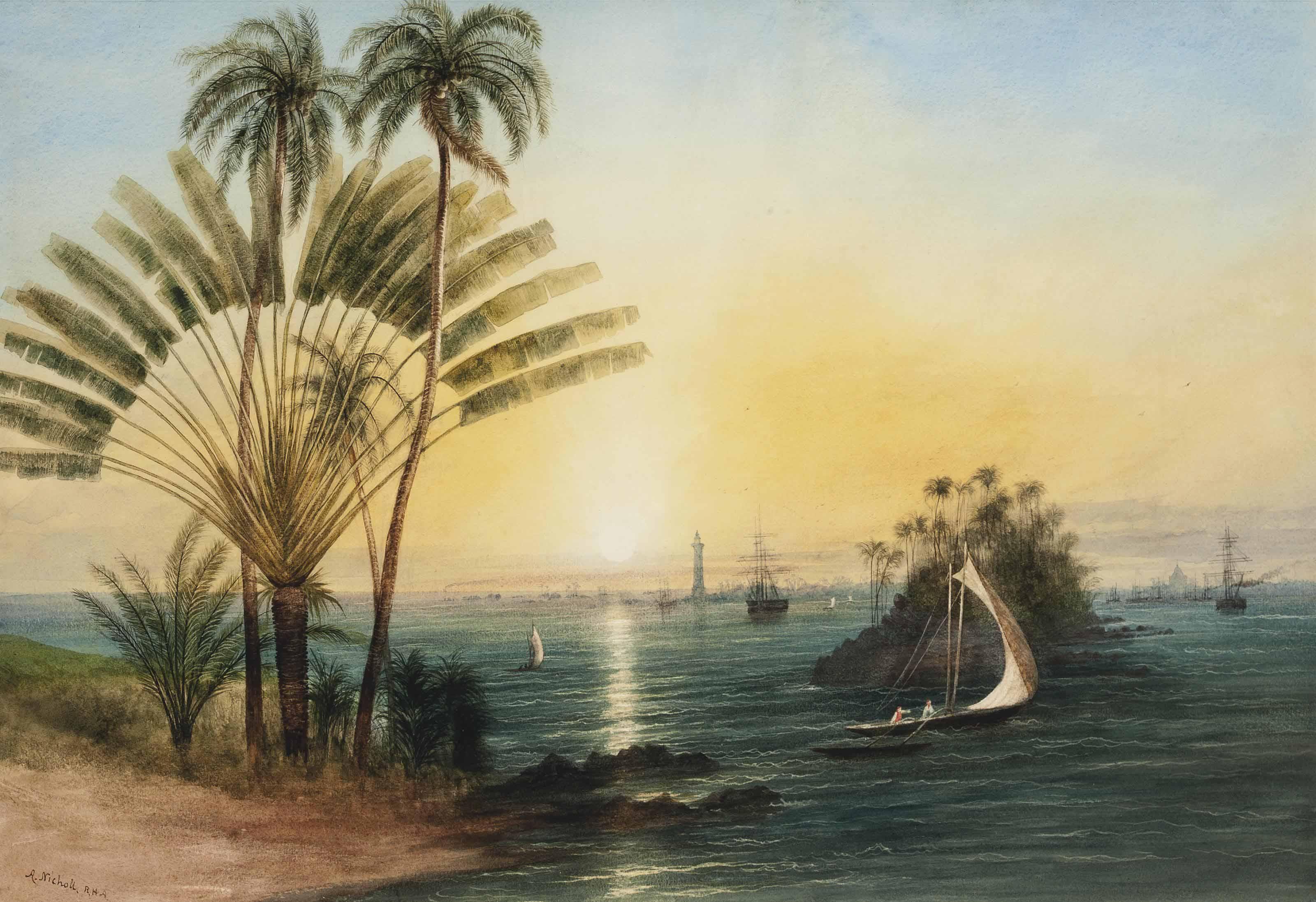 Andrew Nicholl - The Lighthouse And Harbour, Galle, Ceylon