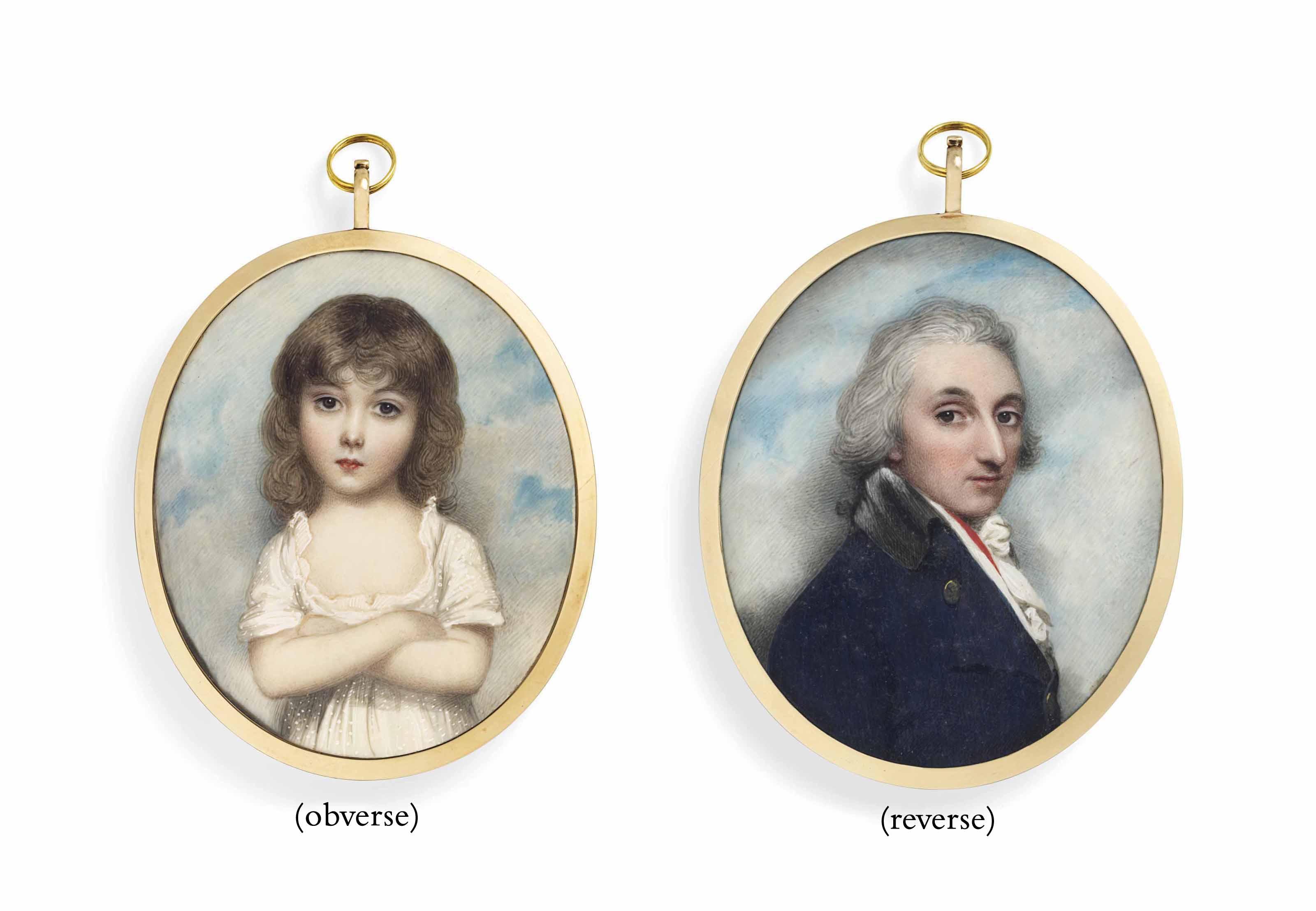 Andrew Plimer - A Double-Sided Miniature Of A Young Girl And A Gentleman: She, In Spotted White Dress, Her Arms Folded; He, In Blue Coat With Black Collar, White Waistcoat And Red Vest, Powdered Hair En Queue; Sky Backgrounds