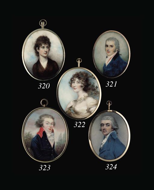 Andrew Plimer - A lady called Lady Whitbread, facing left in buff-coloured dress with white underslip, pearl armlet, holding a garland of leaves flowing from her dark curling hair in her right hand