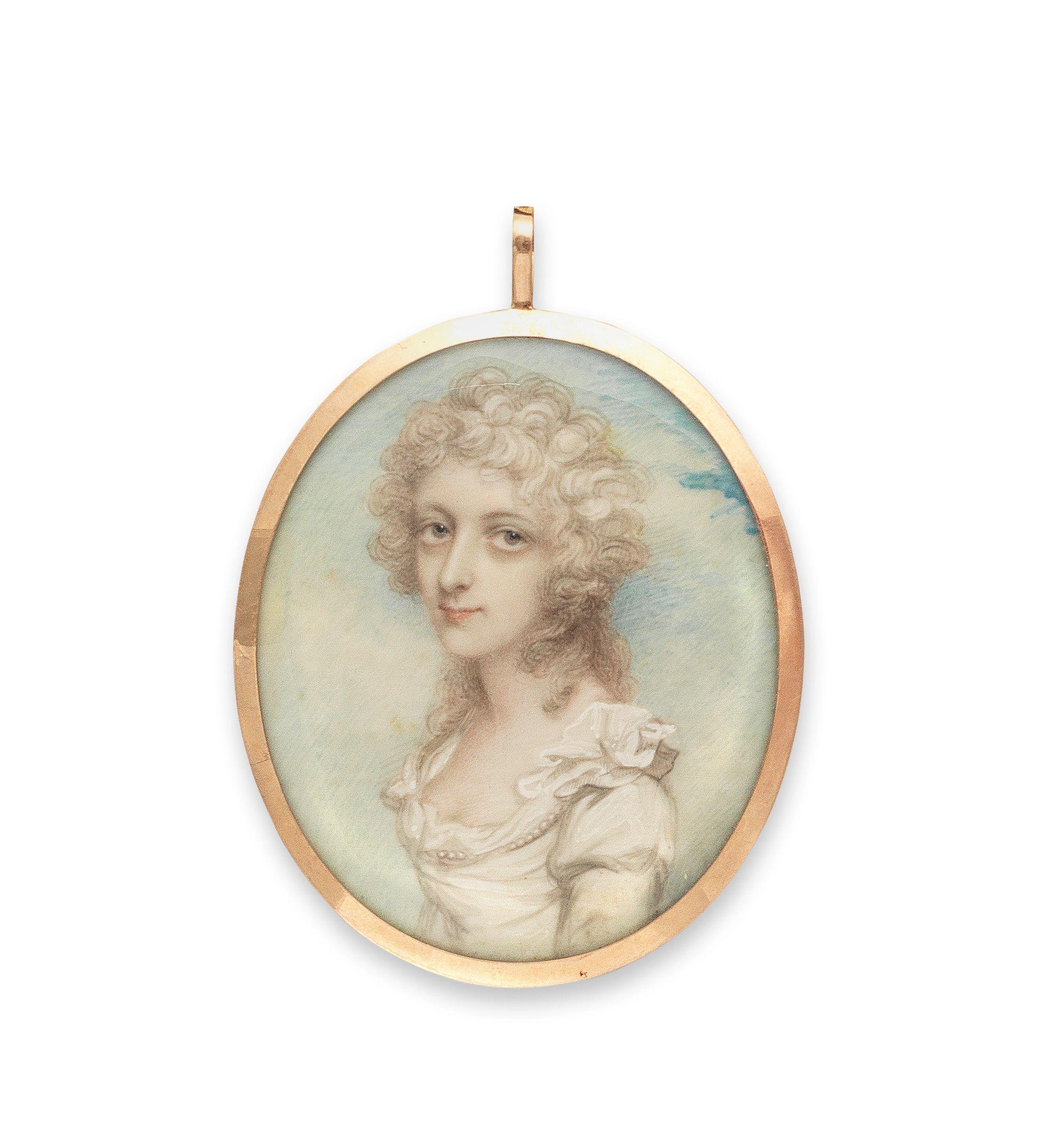 Andrew Plimer - A portrait miniature of a lady wearing white dress with pearl trim, her hair powdered