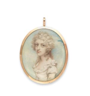 Andrew Plimer - A portrait miniature of a lady wearing white dress with pearl trim, her hair powdered