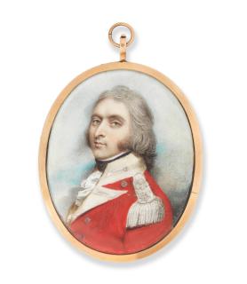 Andrew Plimer - A portrait miniature of an officer, wearing red coat, cream collar, facings and epaulettes over his white frilled chemise and black stock, his hair powdered