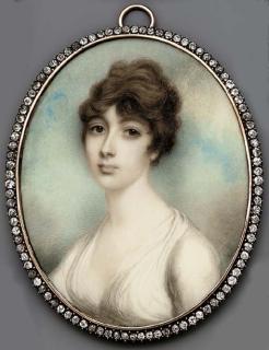 Andrew Plimer - A young lady, facing left in white dress, short dark hair; sky and cloud background