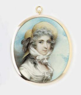 Andrew Plimer - A young lady, facing right in white dress with white scarf tied at corsage, large straw hat with grey ribbon and tied under her chin with white scarf, long powdered curling hair