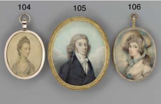 Andrew Plimer - A young lady, in white dress with blue bow at corsage and blue ribbon on sleeve, large straw hat tied with blue ribbon in her long powdered curling hair