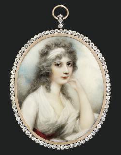 Andrew Plimer - A young lady, in white muslin day dress, scarlet sash, her left elbow resting on a white cushion, white bandeau in her powdered curling hair; sky background