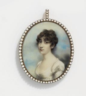 Andrew Plimer - A young lady, in white muslin day dress with puffed sleeves, her curling chestnut hair worn à l\'antique; sky background