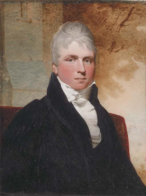 Andrew Robertson - Sir Peter Rivers, seated in a black coat and frilled white cravat; window and tree background