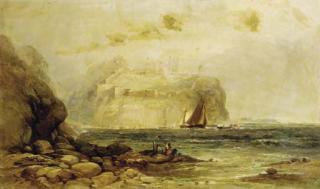 Andrew W. Melrose - A coastal view with figures on the rocks in the foreground and a castle beyond