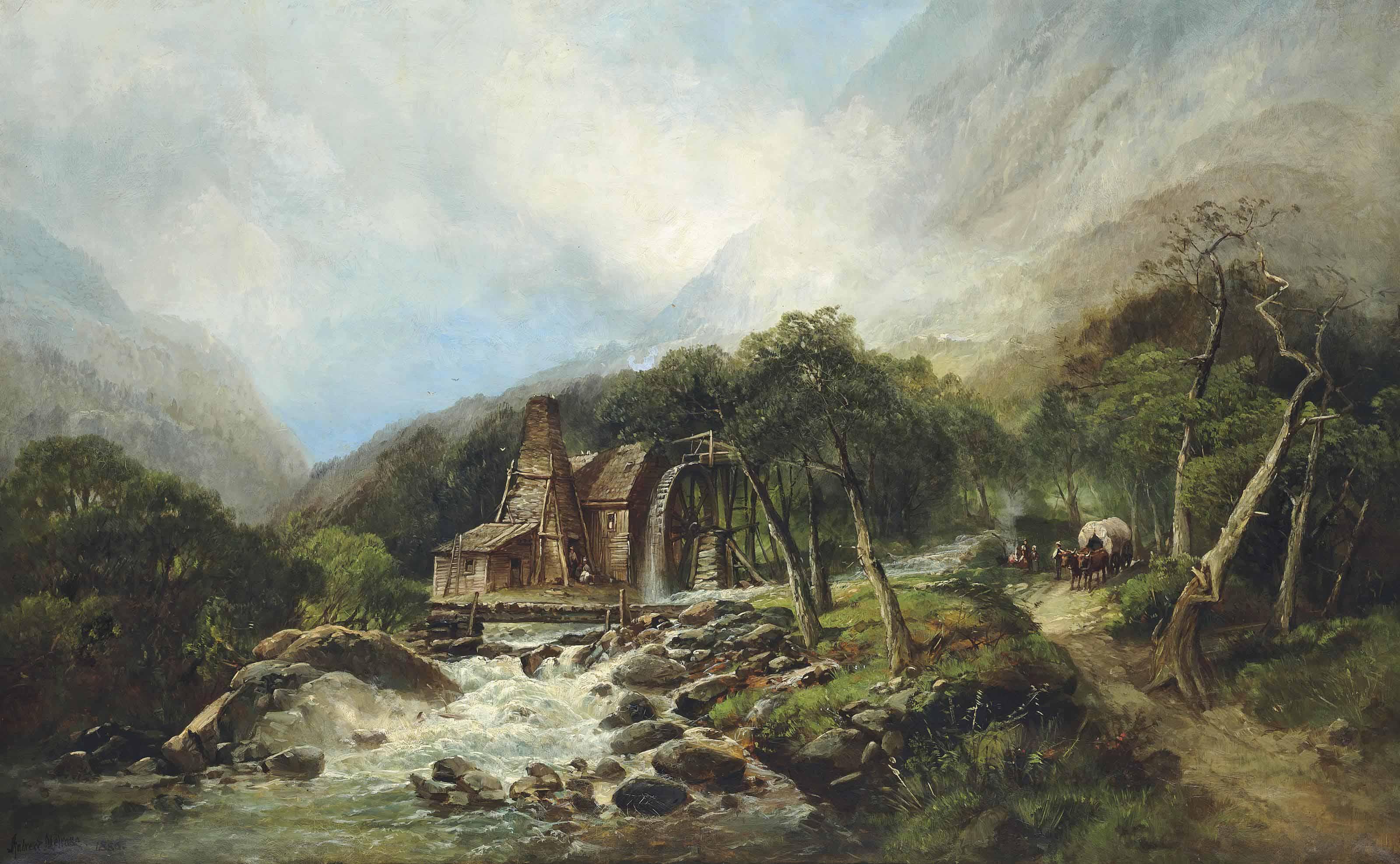 Andrew W. Melrose - Pioneers On The Road Beside A Watermill