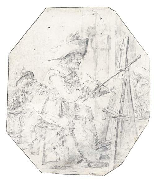 Andries Both - The Happy Painter: A Painter At His Easel With Two Assistants Grinding Colours And Drawing