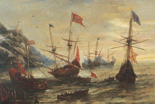 Andries Van Eertvelt - A coastal landscape with frigates and soldiers in a breeze