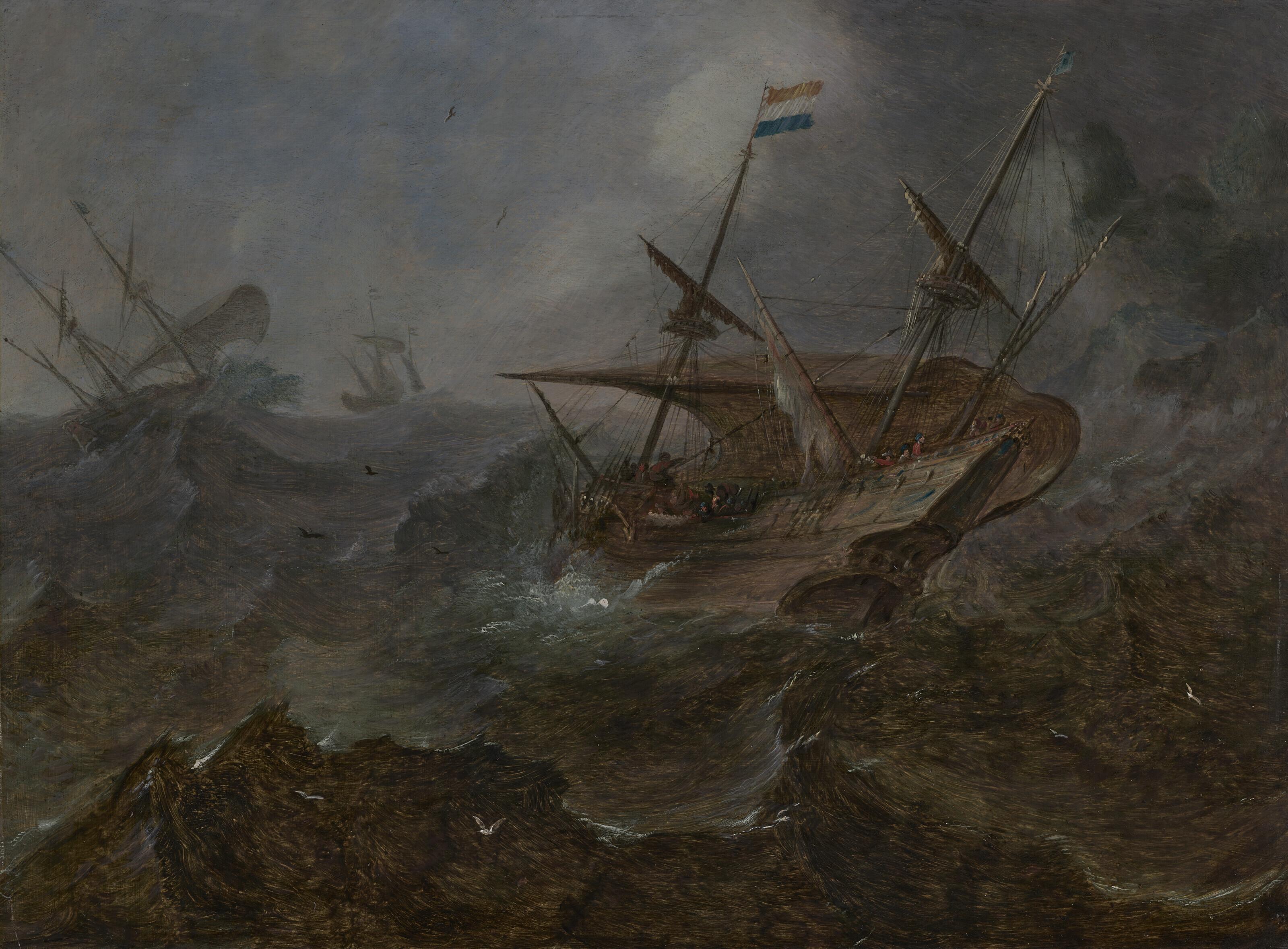 Andries Van Eertvelt - A Dutch merchant in rough seas off a headland