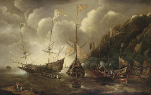 Andries van Eertvelt - A Mediterranean capriccio of a sea fight between European merchantmen and Ottoman galeasses