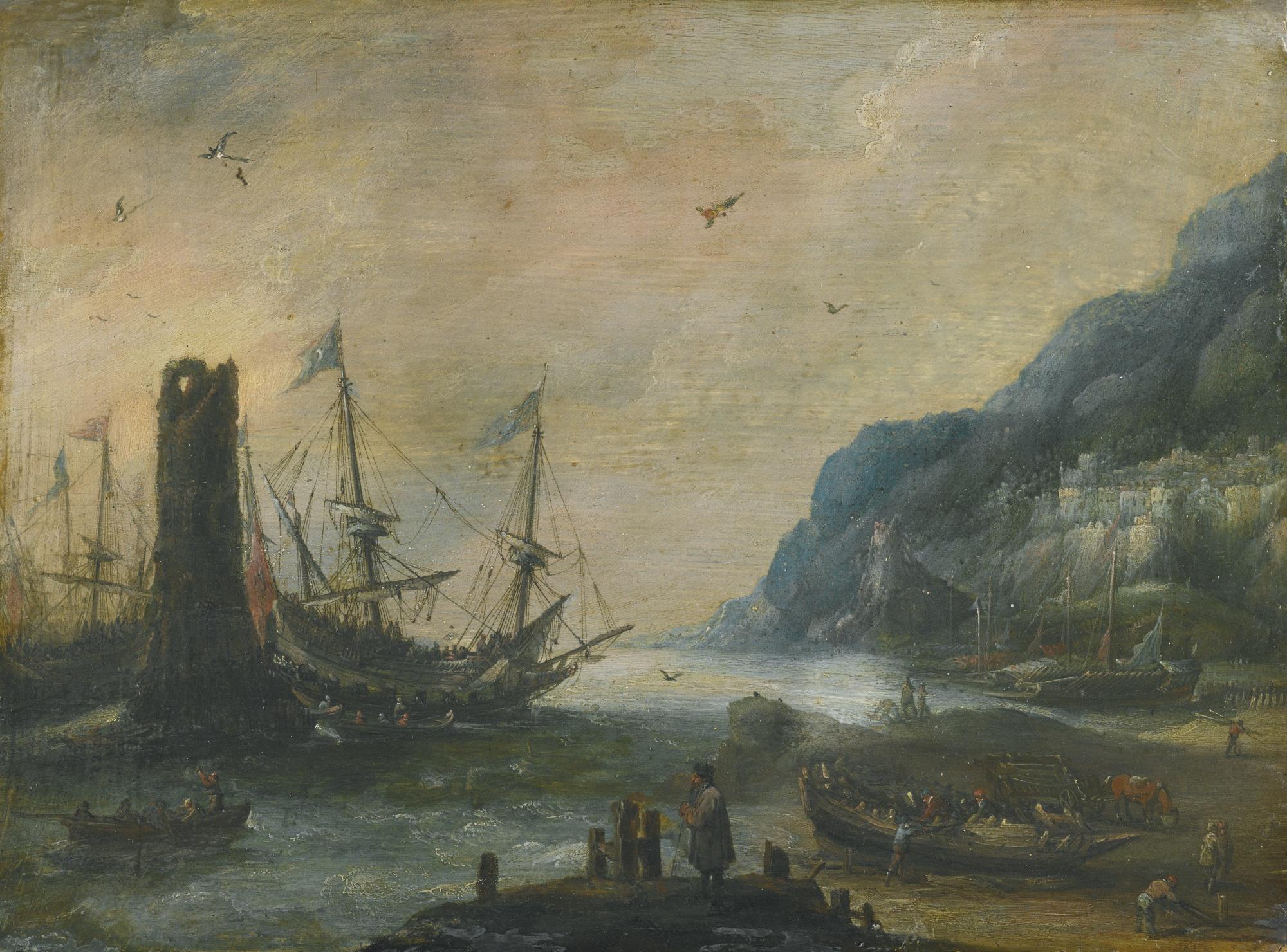 Andries Van Eertvelt - A Mediterranean Coastal Scene With A Tower, Ships, And Figures On The Shore