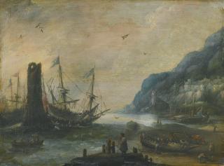 Andries Van Eertvelt - A Mediterranean Coastal Scene With A Tower, Ships, And Figures On The Shore