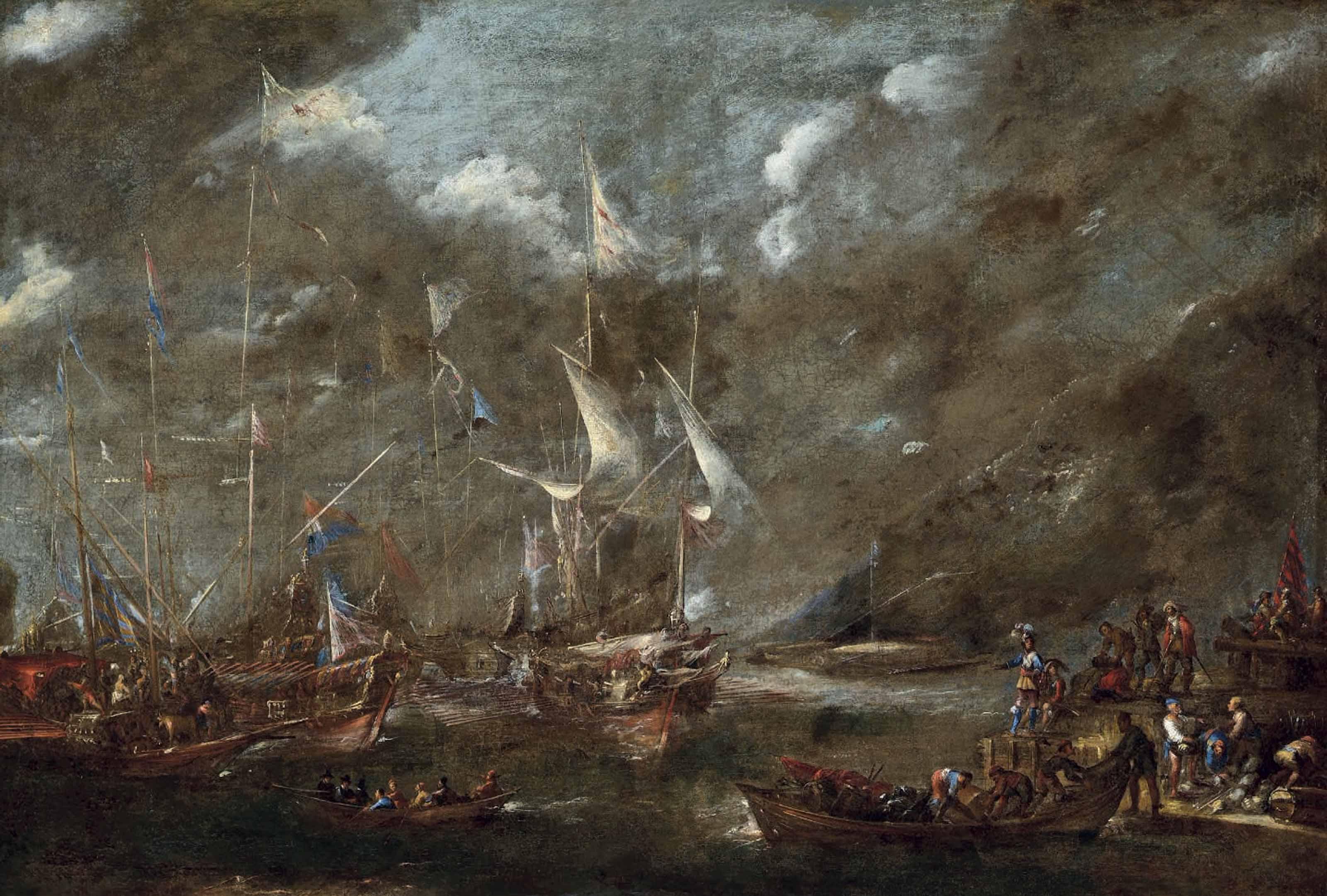 Andries Van Eertvelt - The Holy League\'S Fleet Lying Off A Harbour, Thought To Be Genoa, Before The Battle Of Lepanto, With Figures Loading Arms And Armour Onto A Boat In The Foreground With A Dignitary Looking On