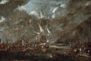 Andries Van Eertvelt - The Holy League\'S Fleet Lying Off A Harbour, Thought To Be Genoa, Before The Battle Of Lepanto, With Figures Loading Arms And Armour Onto A Boat In The Foreground With A Dignitary Looking On
