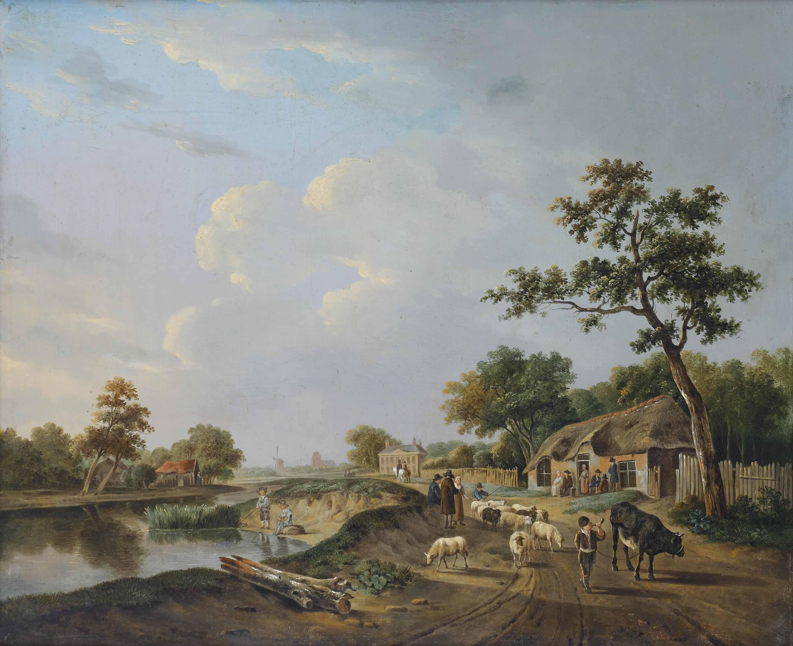 Andries Vermeulen - A river landscape with a shepherd and other figures on a track near a farmhouse, horsemen before a mansion in the distance