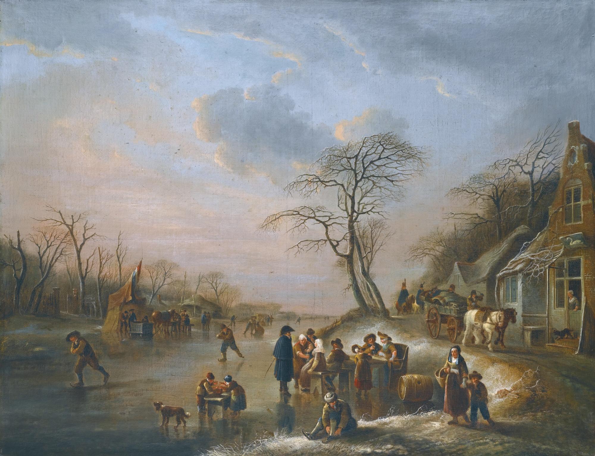 Andries Vermeulen - A Winter Landscape With Figures Seated Outside A Tavern On The Frozen River