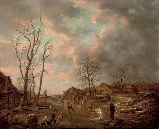 Andries Vermeulen - A winter landscape with figures skating on a frozen lake