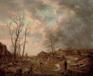 Andries Vermeulen - A winter landscape with figures skating on a frozen lake
