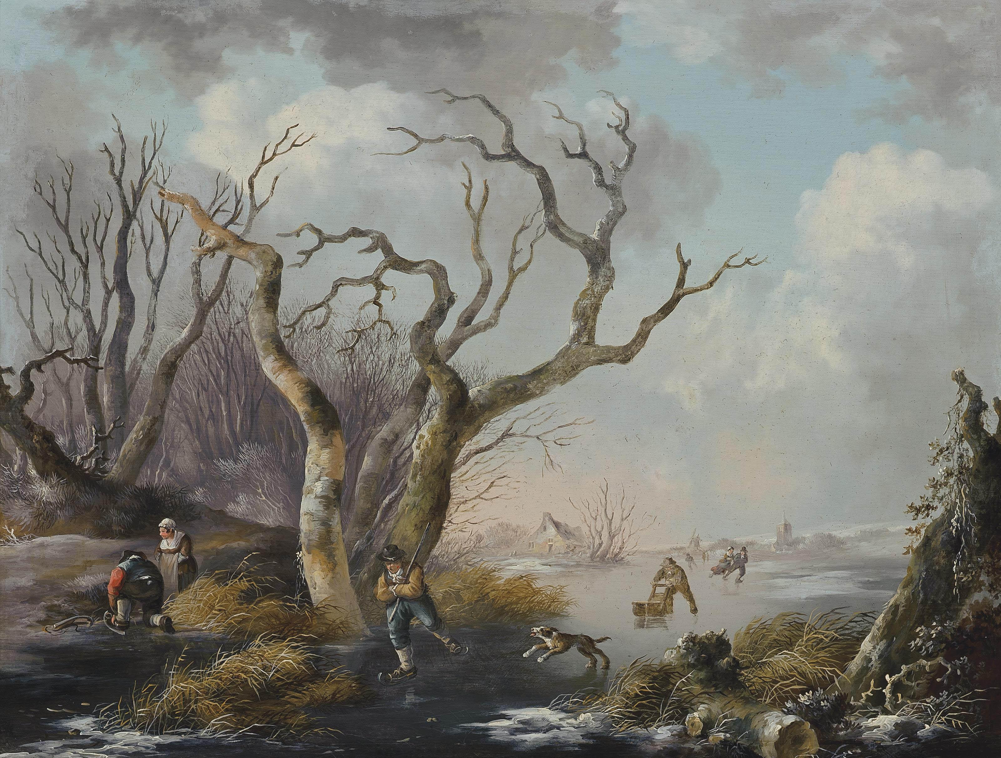 Andries Vermeulen - A winter landscape with figures skating on a frozen river