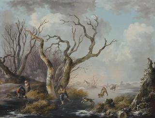 Andries Vermeulen - A winter landscape with figures skating on a frozen river