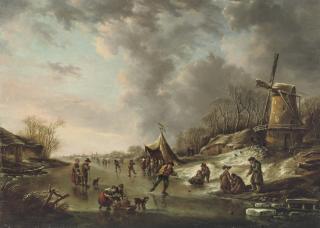 Andries Vermeulen - A winter landscape with figures skating on a frozen river