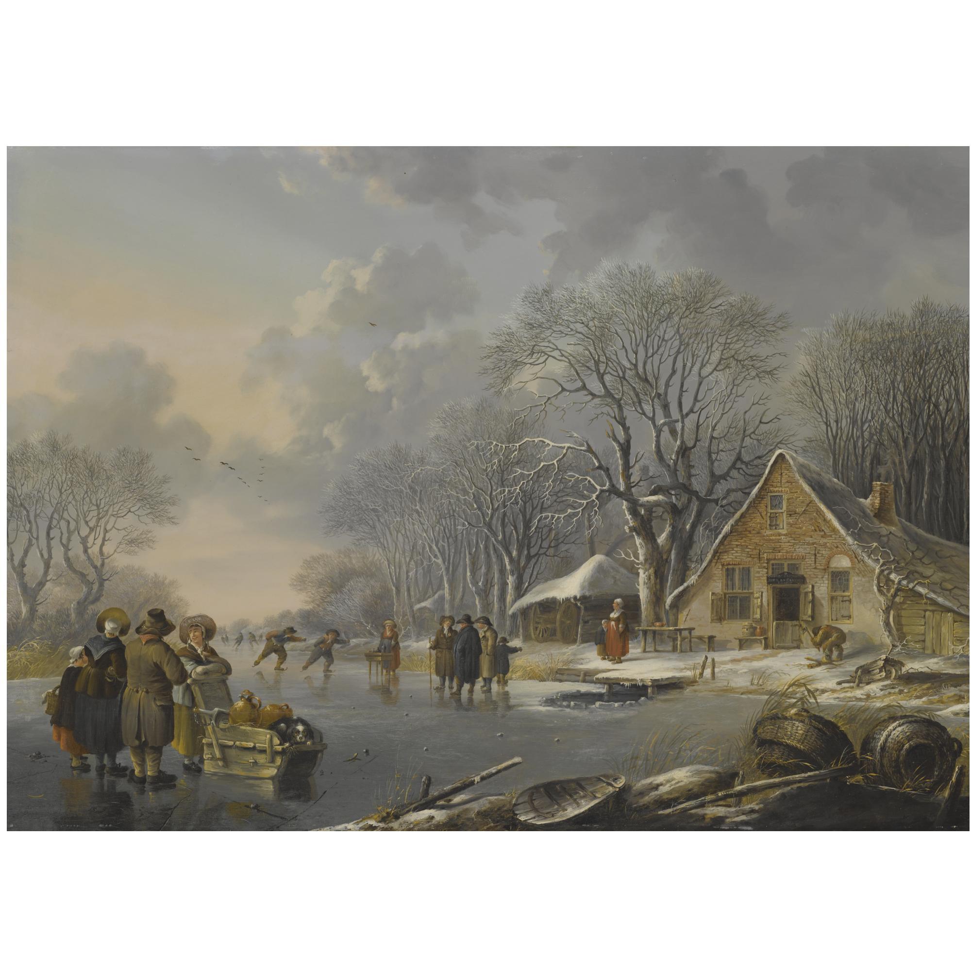 Andries Vermeulen - A Winter Landscape With Skaters On A Frozen River Near An Inn