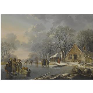 Andries Vermeulen - A Winter Landscape With Skaters On A Frozen River Near An Inn