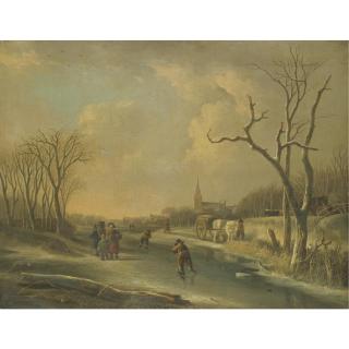 Andries Vermeulen - A Winter Landscape With Skaters On A Frozen River, Together With A Family Of Faggot Gatherers