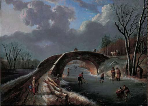 Andries Vermeulen - A winter landscape with skaters on a frozen river