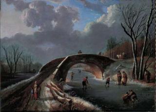 Andries Vermeulen - A winter landscape with skaters on a frozen river