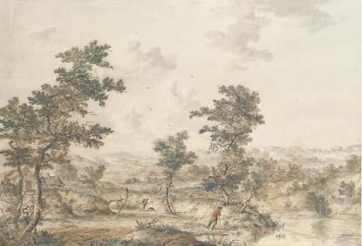 Andries Vermeulen - An extensive landscape with herdsmen by a stream