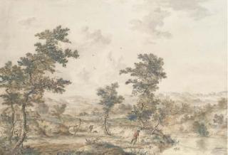 Andries Vermeulen - An extensive landscape with herdsmen by a stream