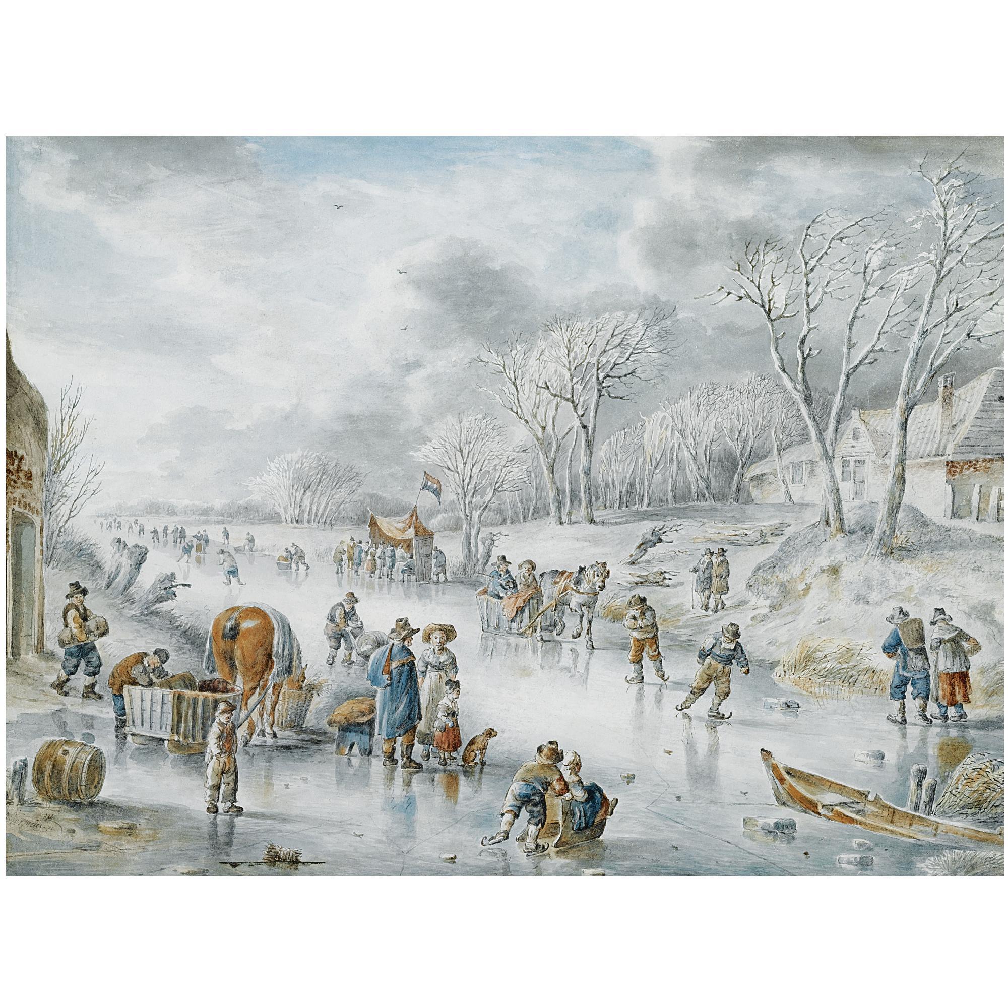Andries Vermeulen - Dutch Many Figures On A Frozen Canal, A \'Koek En Zopie\' In The Distance
