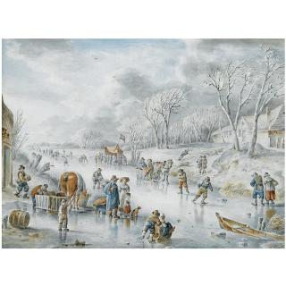 Andries Vermeulen - Dutch Many Figures On A Frozen Canal, A \'Koek En Zopie\' In The Distance