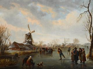 Andries Vermeulen - Figures Skating On A Frozen River By A Windmill