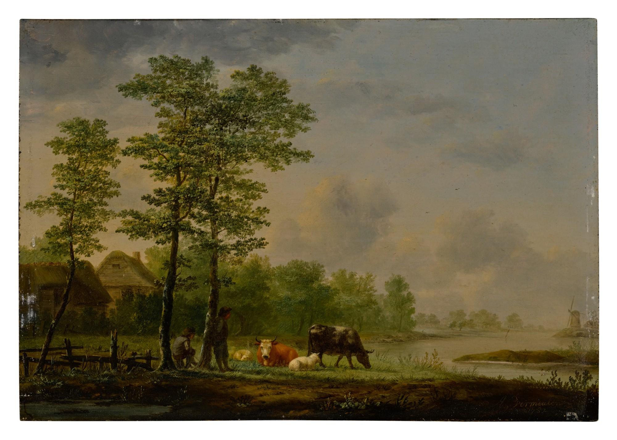 Andries Vermeulen - Landscape With Farmers, Cattle And Sheep Before A River