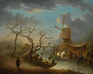 Andries Vermeulen - Winter Landscape With Figures Skating On A River Before A Wooden Bridge And A Windmill