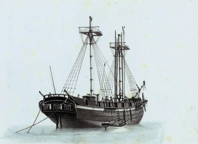 Ange-Joseph-Antoine Roux - A brig lying at anchor with her topmast down, probably laid up and out of commission