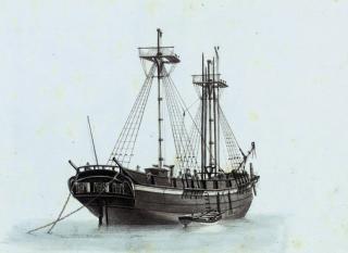 Ange-Joseph-Antoine Roux - A brig lying at anchor with her topmast down, probably laid up and out of commission