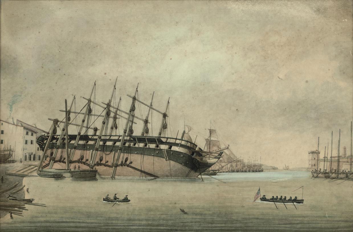 Ange-Joseph-Antoine Roux - A frigate beached and under repair in a dockyard at Marseilles