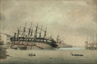 Ange-Joseph-Antoine Roux - A frigate beached and under repair in a dockyard at Marseilles